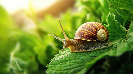 A close-up of a snail gliding over lush green leaves, showcasing its spiral shell and delicate antennae in a serene, natural environment.