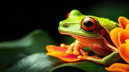 A vibrant red-eyed tree frog rests on an orange flower, showcasing its bright green skin against a dark background.