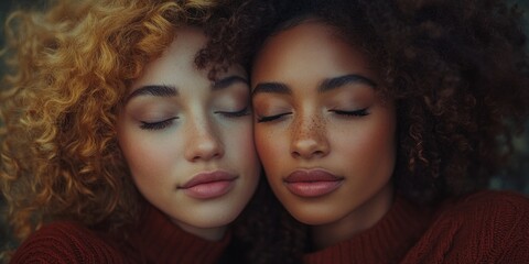 close-up of two women with closed eyes embracing, ideal for friendship, warmth, and tranquility themes