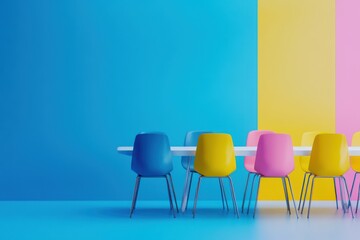 Vibrant and colorful dining space featuring modern chairs in blue, yellow, and pink against a bright backdrop.
