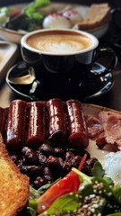Full English breakfast on a plate with fried eggs, sausages, bacon, beans, toasts and coffee on wooden table in the restaurant. Vertical image. Lifestyle photo. Delicious breakfast or lunch. Food.