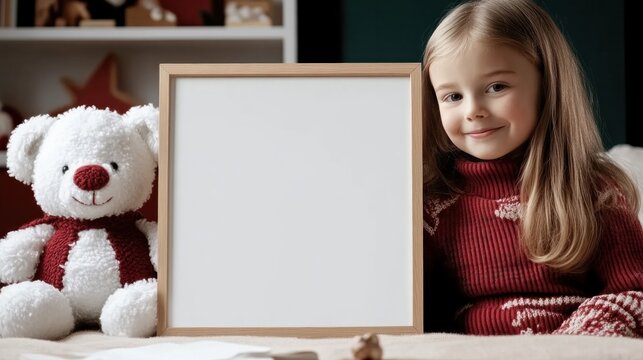 A smiling young girl holding a blank picture frame beside a cozy teddy bear, perfect for holiday-themed or customizable content.a frame with a white sheet. On white background with copy space.


