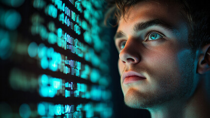 Focused young man gazing at digital screen illuminated with blue data reflecting technology concept