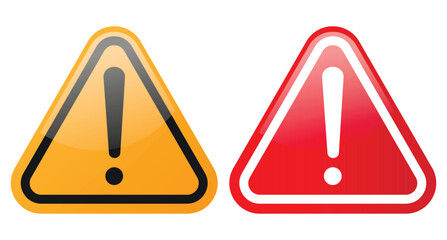 Hazard symbols in yellow and red colors with exclamation symbols in shiny glossy style. Warning Signs. Danger warning icons. Exclamation marks.