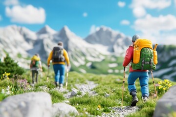 Fototapeta premium Three male hikers exploring a vibrant mountain landscape with backpacks, enjoying the outdoors and nature's beauty.