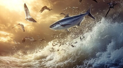 Fototapeta premium The Bible, the Book of Genesis, the creation of the world by God. God creates fish and birds