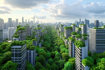 Obraz premium Aerial view of a sustainable urban landscape with greenery integrated into modern architecture.
