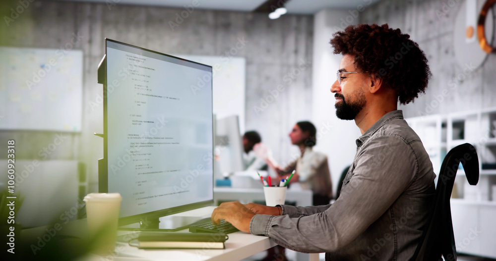 Aufkleber African American Coder Using Computer At Desk