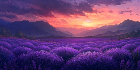 Lavender Field at Sunset with Mountain Range in the Background