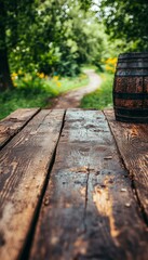 Naklejka premium Rustic wooden table with a barrel in the background, perfect for showcasing your products in a natural setting.