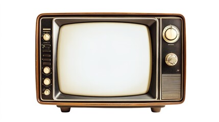 A retro TV set with metallic dials and a blank screen, isolated against a white background, ideal...