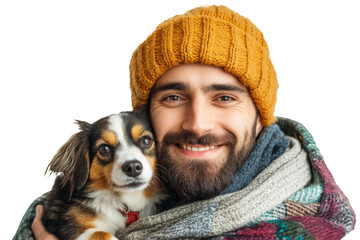 Charming of man cuddling his cute dog, both radiating joy and contentment, showcasing the special bond they share isolated on transparent png background.
