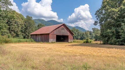 Obraz premium A red barn sits in a field of golden hay with green trees and mountains in the background.