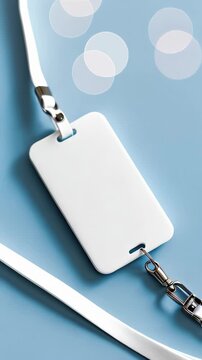 White lanyard and plastic badge with blank space mock up on blue background. Blank badge mockup