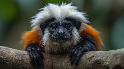 A cotton-top tamarin monkey with white fur on its head and orange fur on its body sits on a branch and stares at the camera.