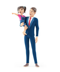 3d cartoon businessman holding his daughter who pointing finger