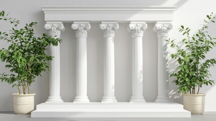Naklejka premium A row of classical white columns with potted plants on either side, set against a plain wall.