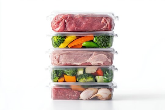 Colorful meal prep containers stacked with fresh vegetables and meats ready for healthy cooking.