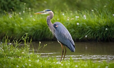 Obraz premium close up of heron against the background of blooming green spring nature on the river bank
