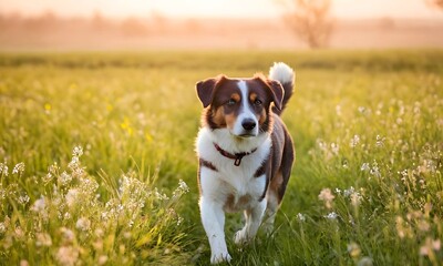 dog on a blooming green spring meadow