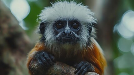 A white-faced monkey with a brown body stares directly at the camera from a tree branch.
