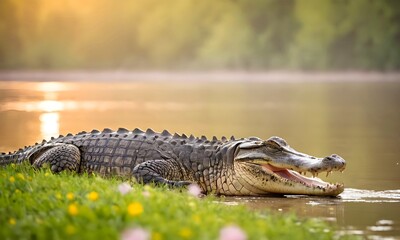 Fototapeta premium Side profile of a crocodile resting on a grassy river bank