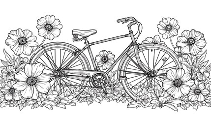 Hand drawn illustration of a bicycle surrounded by flowers.