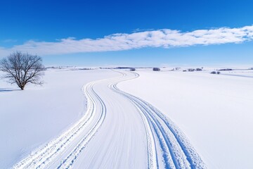 Obraz premium Winter landscape with trees and blue sky along a snowy road