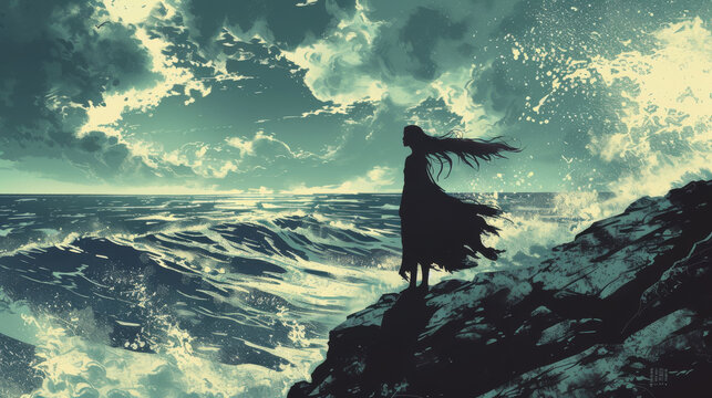 Dark silhouette of woman in dress with long hair standing on cliff, overlooking stormy sea with turbulent waves and ominous skies capturing drama and emotional frustration of lonely girl