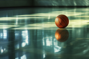  Basketball on a gym floor with reflections