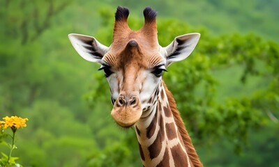 Obraz premium close up giraffe against blooming green spring jungle background