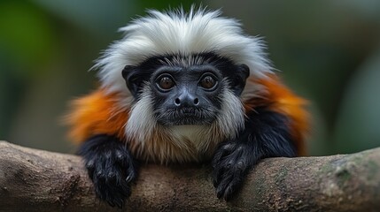 Obraz premium A cotton-top tamarin monkey with white fur on its head, black fur on its body, and orange fur around its face, looks directly at the camera with a serious expression while perched on a branch.