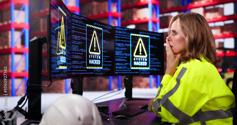 Aufkleber shocked engineer in automated logistics warehouse during ransomware