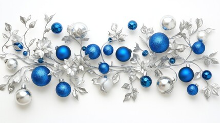 Blue and Silver Christmas Ornament Garland on White Background