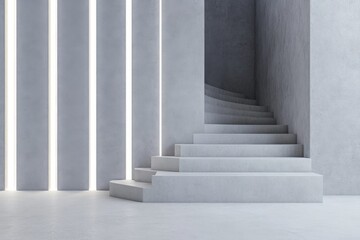 Fototapeta premium A minimalist interior featuring smooth gray steps and illuminated vertical lines, creating a serene atmosphere.