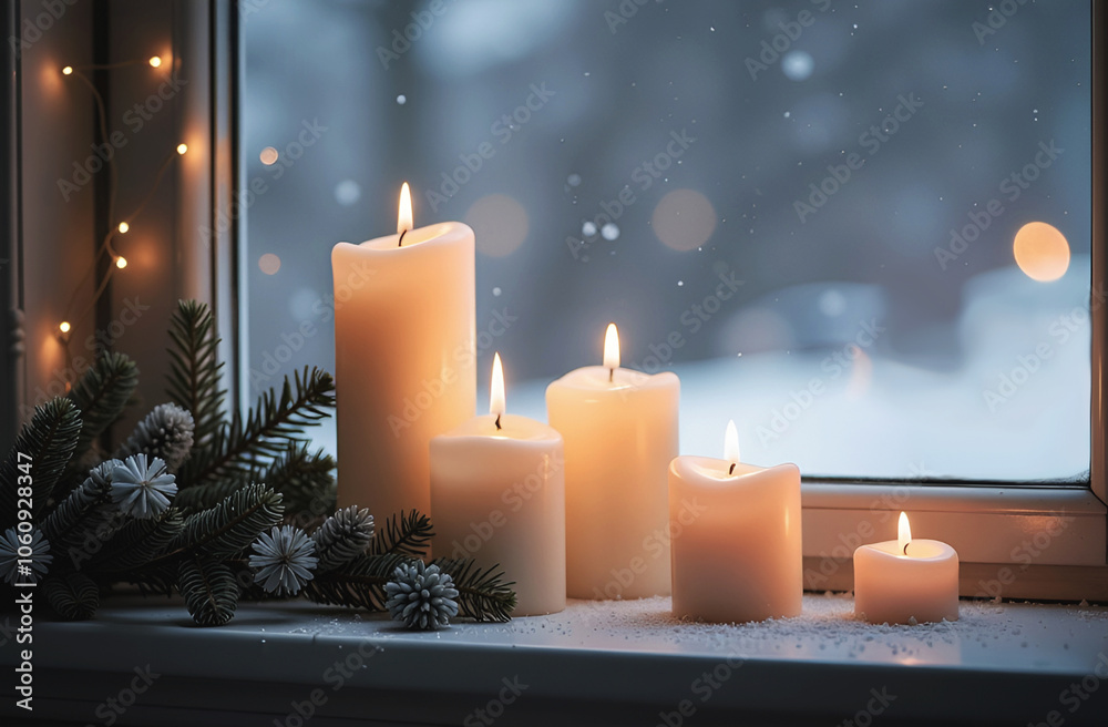 Canvas Prints white candles and fir tree branches on the windowsill at day time in the winter