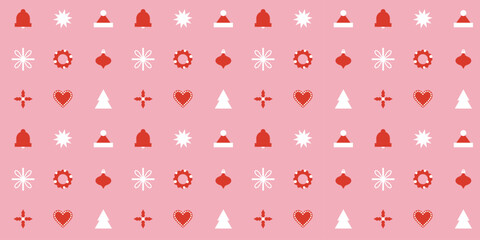 Elegant geometric Christmas and New Year seamless pattern. Xmas ornament, gentle pink background. Bell, Christmas tree, holly. Vector abstract geometrical design for wrapping paper, cover, print