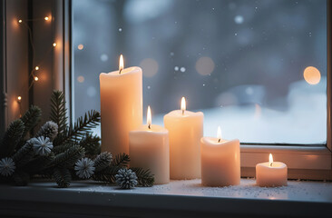 White candles and fir tree branches on the windowsill at day time in the winter