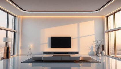 A futuristic, minimalist living room with a sleek, high-tech aesthetic, featuring a large, wall-to-wall window that lets in a warm, golden light from the outside, illuminating a subtle.