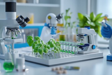A collaborative lab scene featuring two scientists examining plant samples under microscopes in a modern research facility.