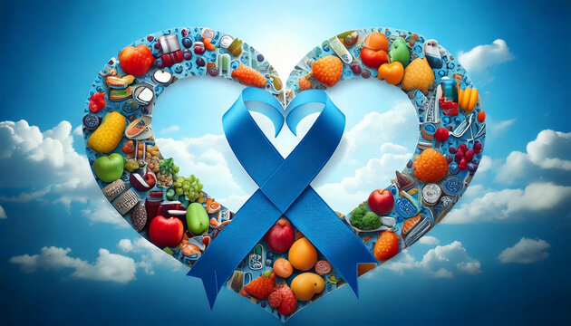 vibrant blue ribbon symbolizes diabetes awareness, surrounded by healthy foods - Powered by Adobe