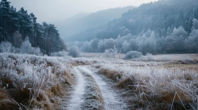 Winter landscape with frosted vegetation on pathway in valley with forested mountain background