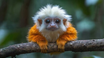 Fototapeta premium A small, white and orange monkey with big eyes sits on a branch looking directly at the camera.