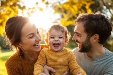Fototapeta premium A happy family enjoying a sunny day in nature. The parents share a joyful moment with their smiling child. Bright colors fill the scene. Generative AI