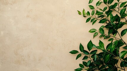 Elegant green leaves on a beige textured wall