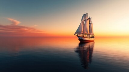 Obraz premium Sunset Ship Reflection on Calm Water