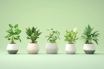 Pflanzenvielfalt in Töpfen auf sanft grünem Hintergrund

