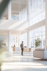 Blurred background capturing the dynamic vibe of a modern workplace including blurred motion of people moving through the office