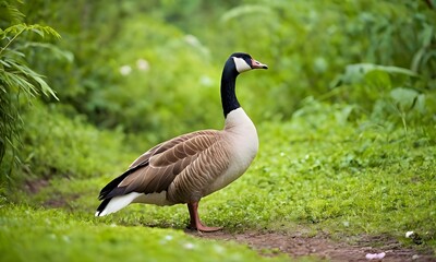 close-up goose against the background of blooming green spring nature