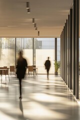 Fototapeta premium Blurred background capturing the dynamic vibe of a modern workplace including blurred motion of people moving through the office